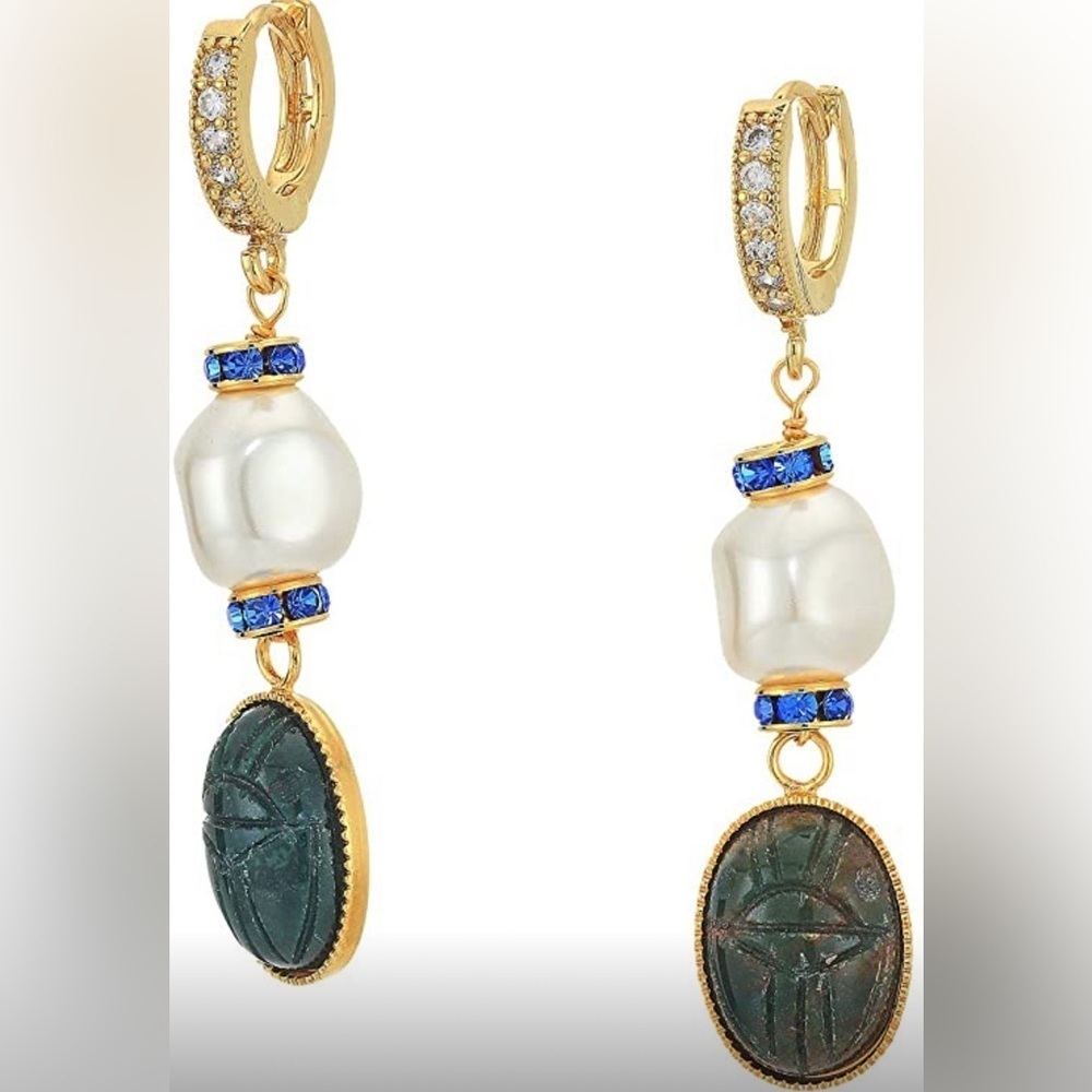 NWT Shashi Harlow Gold Pearl Green Stone Drop Earrings - Picture 2 of 6
